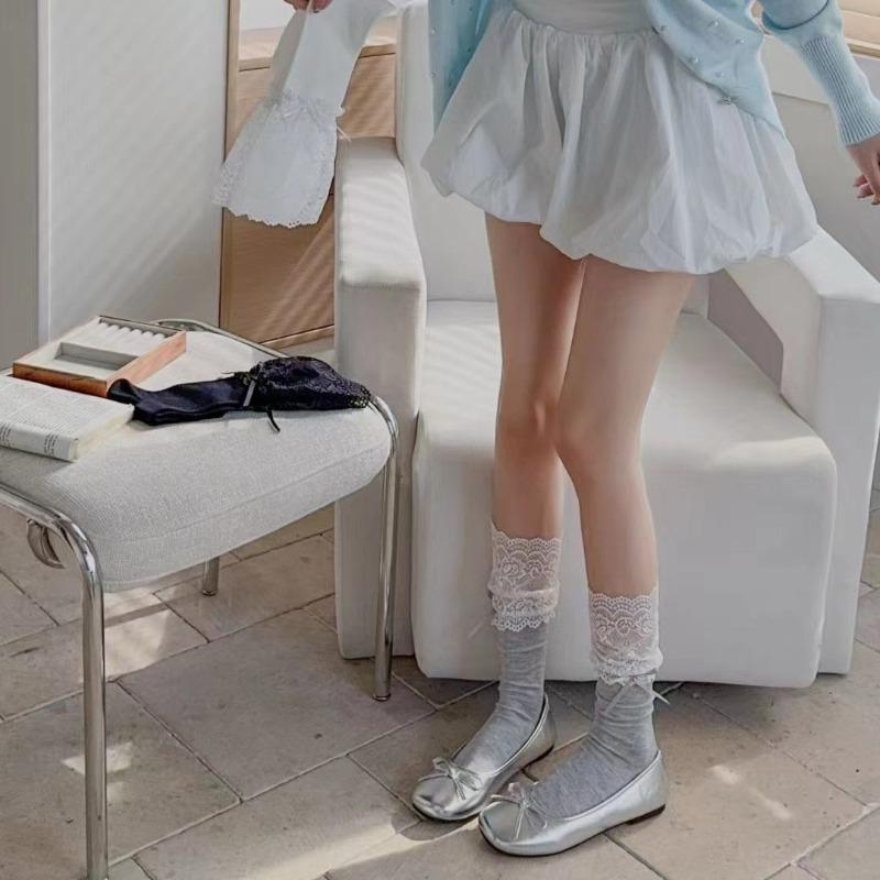 Summer Thin, Patchwork Lace Bow, Versatile Mid-calf Women's Socks, Ballet-style Socks