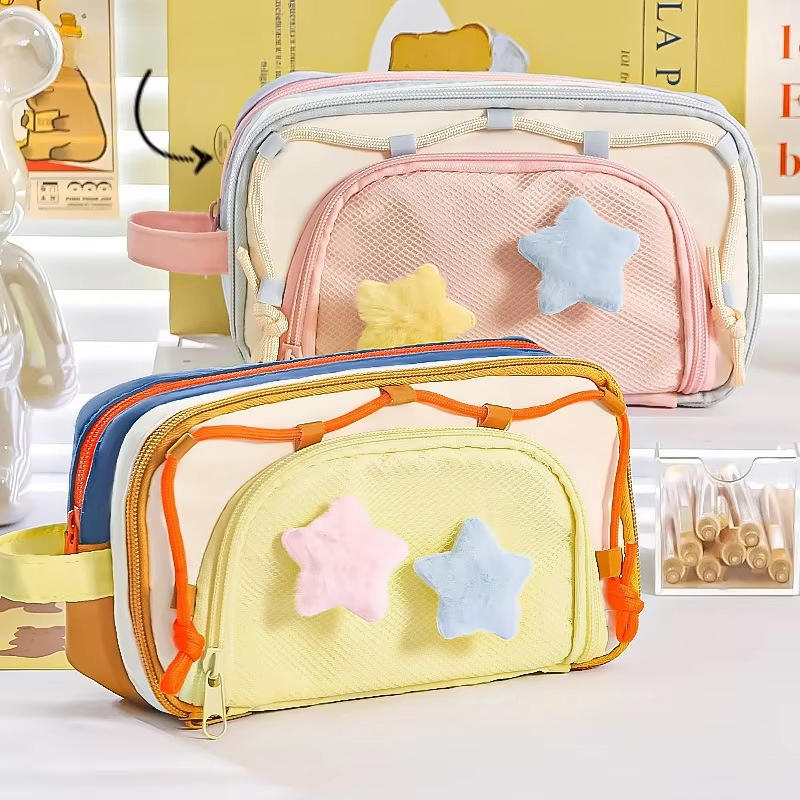 Cute Multi Layer Large Capacity Pencil Case for Kids Girl Five Point Star Stationery Organizer Students Portable Pen Bag