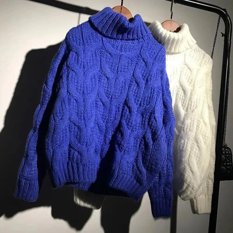 Turtleneck Sweater Thickened Loose Crochet Stripe Women Short Knit Pullover Warm  Pull Jumper Casual Commuting New Fashion Autumn Winter