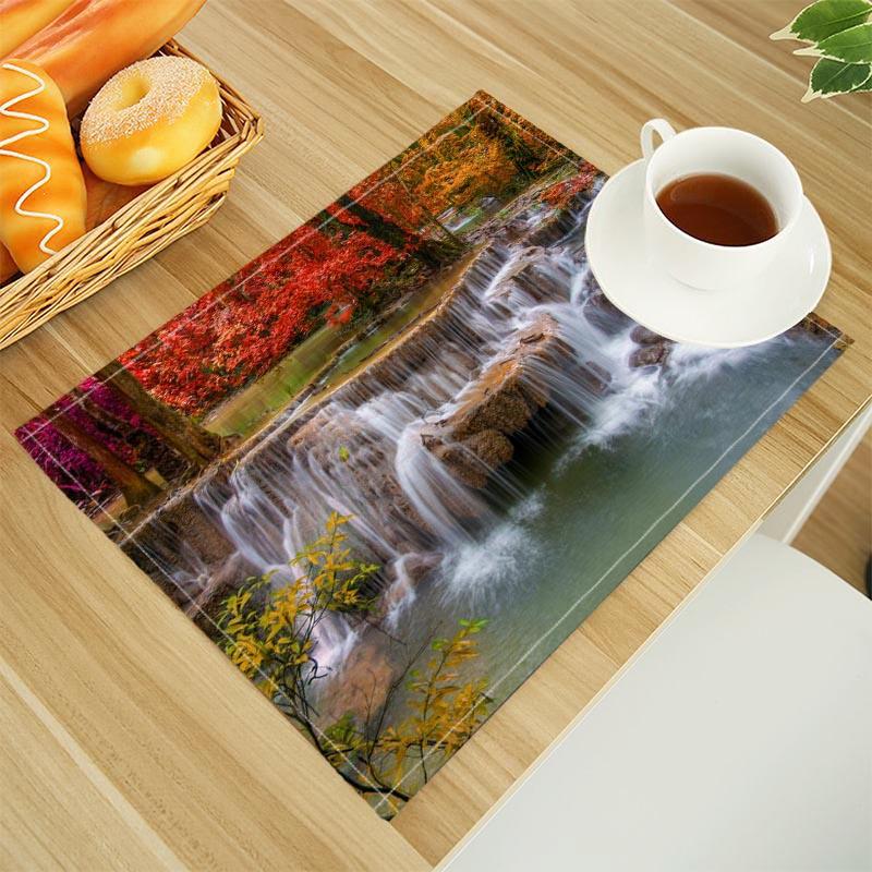Natural Waterfall Print Linen Dining Table Mats Alphabet Kitchen Placemat 30X45cm Coasters Pads Bowl Cup Mat