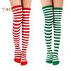 1 Pair Striped Stockings Green White Contrast Color High Elasticity Anti-slip Over Knee Length Soft Breathable Holiday Christmas Stage Performance