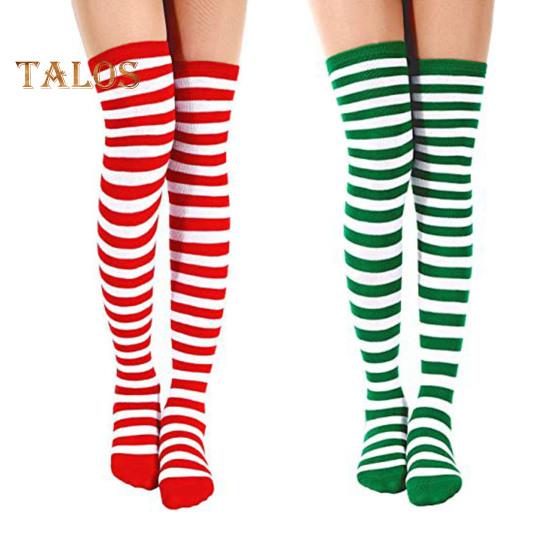 1 Pair Striped Stockings Green White Contrast Color High Elasticity Anti-slip Over Knee Length Soft Breathable Holiday Christmas Stage Performance