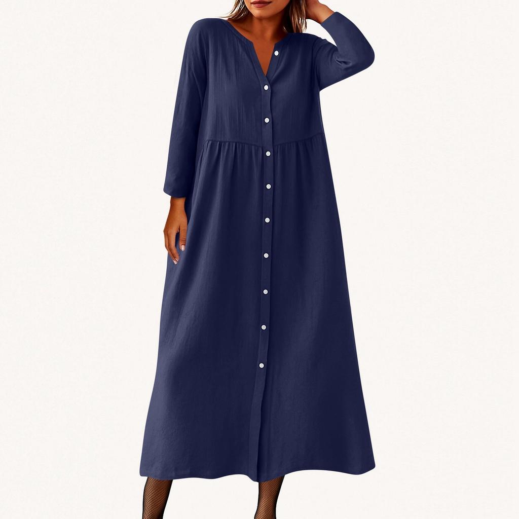 Women's Fashionable Solid Color Round Neck Seven Quarter Sleeve Button Loose Shirt Dress