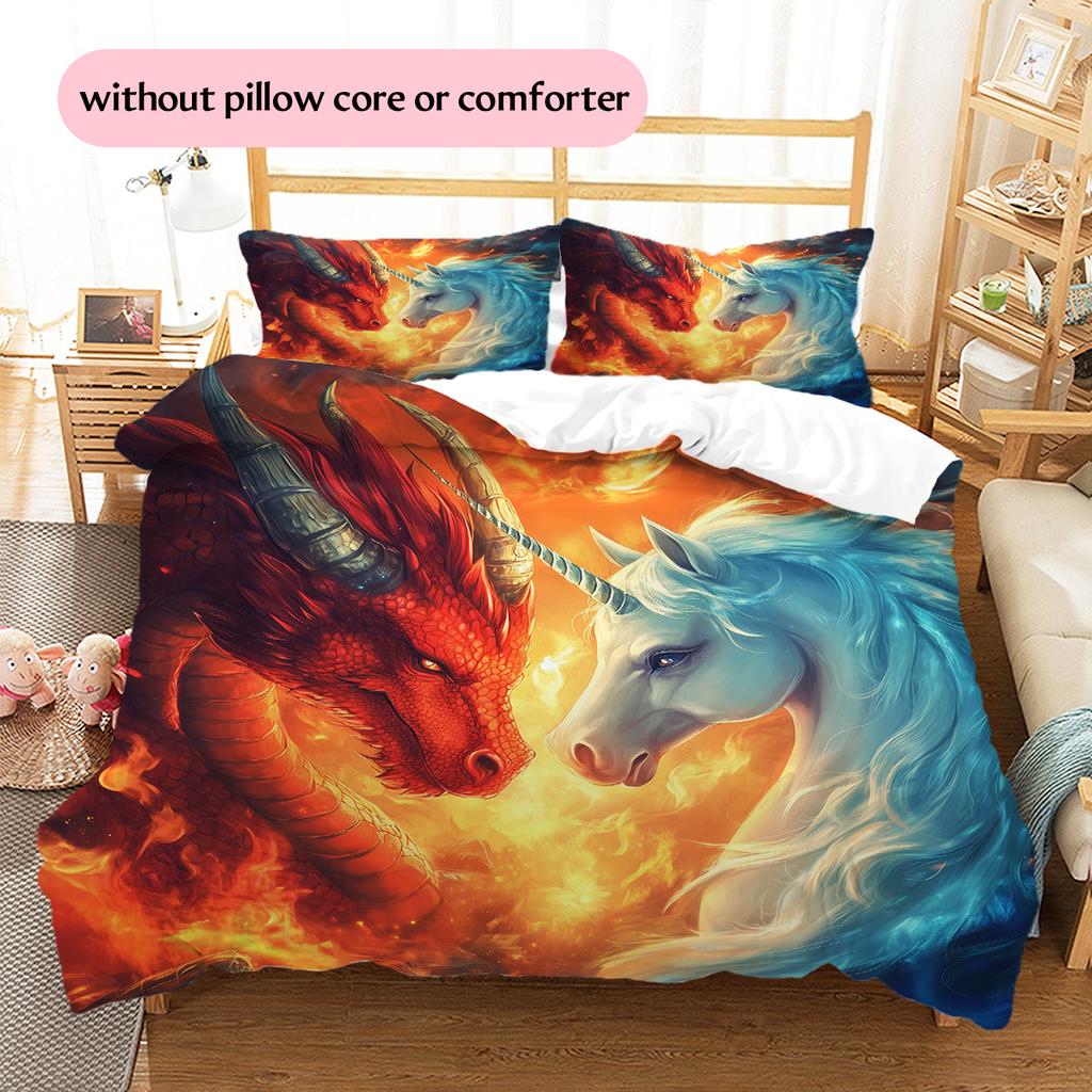 Dragon and unicorn Pattern Bedding Quilt Set Quilt Cover Pillowcase Home Decoration Gift (1 * duvet cover + 2 * pillowcase, without core)