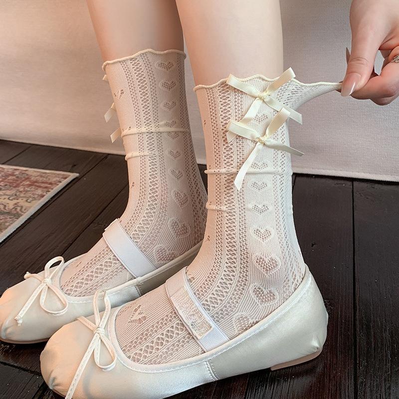 

Side Heart Bow Lolita Socks Balletcore Sheer Calf Sock Jacquard Bow Spring Hollow-Out Slouchy Socks Kawaii Ruffle Anklet Socks бежевый