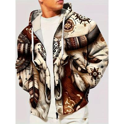 Erkek Yenilikçi Geometrik Desenli Günlük Fermuarlı Kapüşonlu Sweatshirt İlkbahar ve Sonbahar Fermuarlı Kapüşonlu Sweatshirt