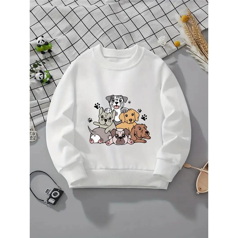 Crewneck Sweatshirt for Girls Featuring an Adorable Pattern of Puppies And Paw Prints. It'S Machine Washable, Suitable for Spring And Autumn