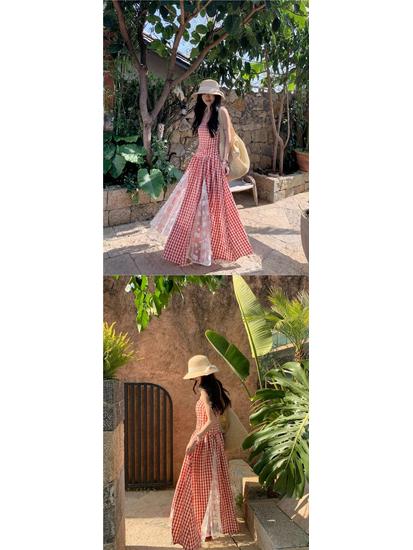 Women's Retro Plaid Lace Bandeau Dress - 2026 Spring/Summer Waist-Cinched Skirt