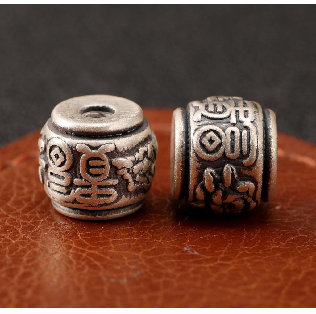 S999 Sterling Silver Wealth & Peace Barrel Spacer Beads for DIY Braiding Rope Silver Accessories
