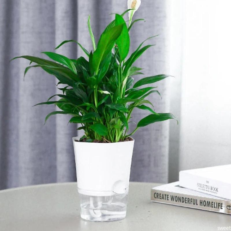 Self Watering Flower Pot Plastic Hydroponics Plants Pot Transparent Double Layer Flowerpot Cotton Rope With Injection Port Set