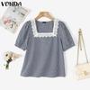 VONDA Sommer Damen Quadratischer Kragen Karomuster Spitze Saum Patchwork Puffärmel T-Shirts