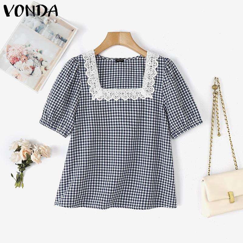 VONDA Summer Women Square Collar Plaid Lace Hem Patchwork Puff Sleeve T-shirts