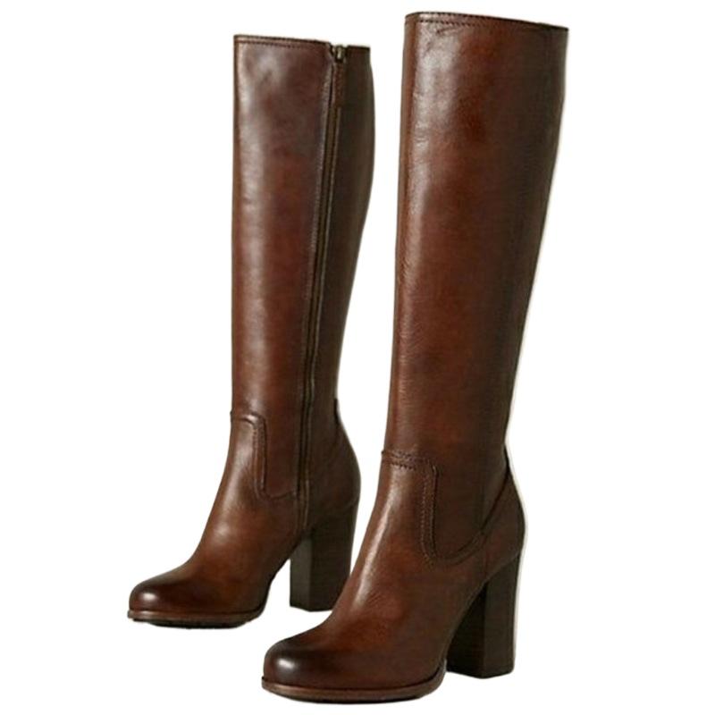 2026 Foreign Trade Autumn/Winter New Style European and American Style Side Zipper High Thick Heel Women's Large Fashion Boots