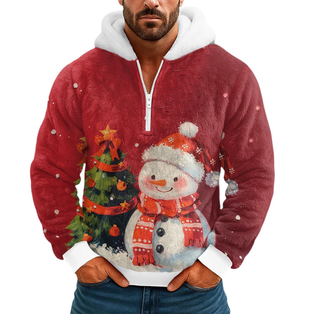 Pánská plyšová mikina s kapucí a polovičním zipem