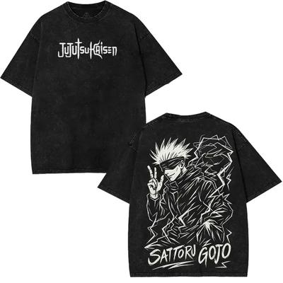 Jujutsu Kaisen Satoru Gojo Vintage Wash Oversized T-Shirt, Unisex Anime Fan Streetwear Tee, 100% Cotton Casual Short Sleeve Top