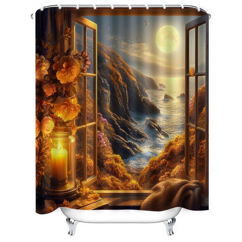 Window View with Moonlit Ocean Shower Curtain Warm Autumn Decor for Bathroom Orange Floral Lighting