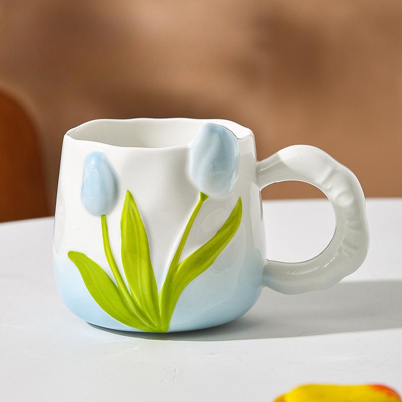 Hand Painted Ceramic Cup Three Dimensional Relief Cup Tulip Cup Flowers Mug with Handle Bestie Cup Souvenir