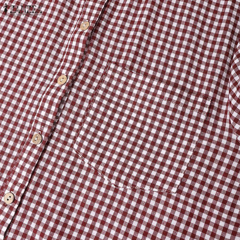 ZANZEA Women Plaid Print Casual Round Neck Loose Half Sleeve Dress