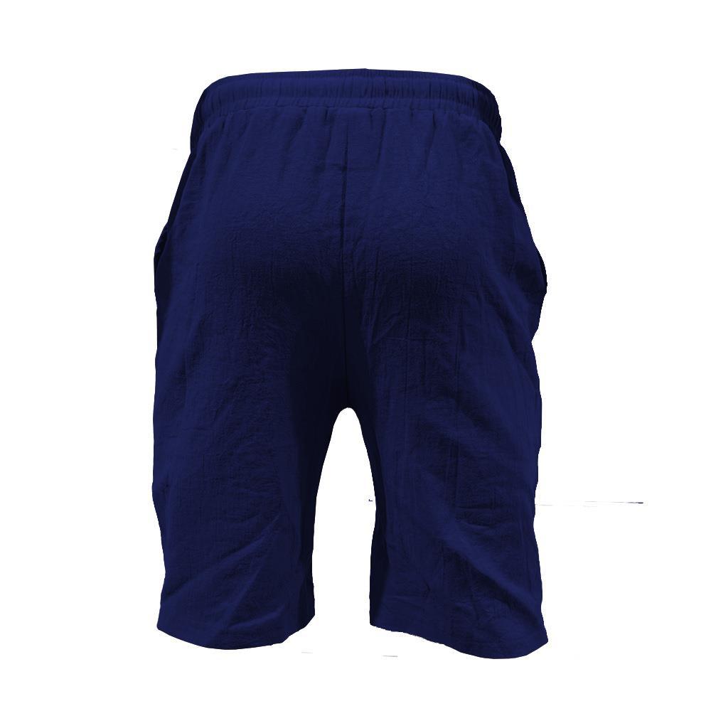 Men's Summer Cotton-Linen Shorts Drawstring Elastic Waistband Straight Leg Solid Color Breathable Casual Beach Shorts Mid-Length