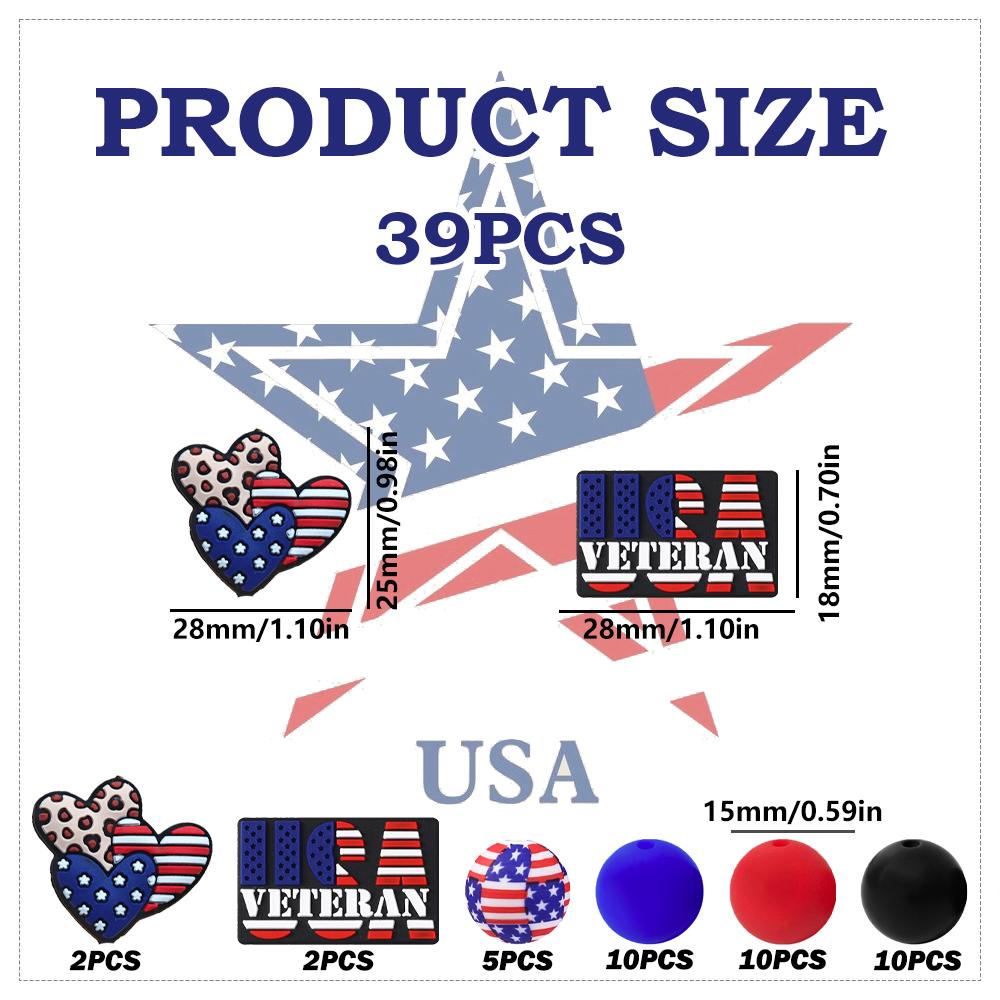 39Pcs Independence Day Series Silicone Beads Set DIY Beaded Necklace Bracelet Decoration Pen Jewelry Pendant Etc. Holiday Birthday Gift