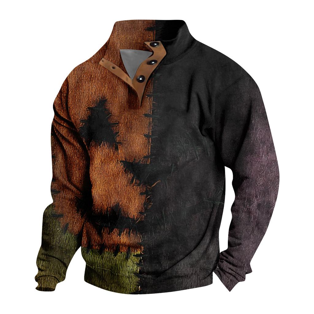 Men's Casual Fashion Christmas Printed Hoodless Sweatshirt Wide Men's Loose Button Stand Collar Hooded Sweatshirt