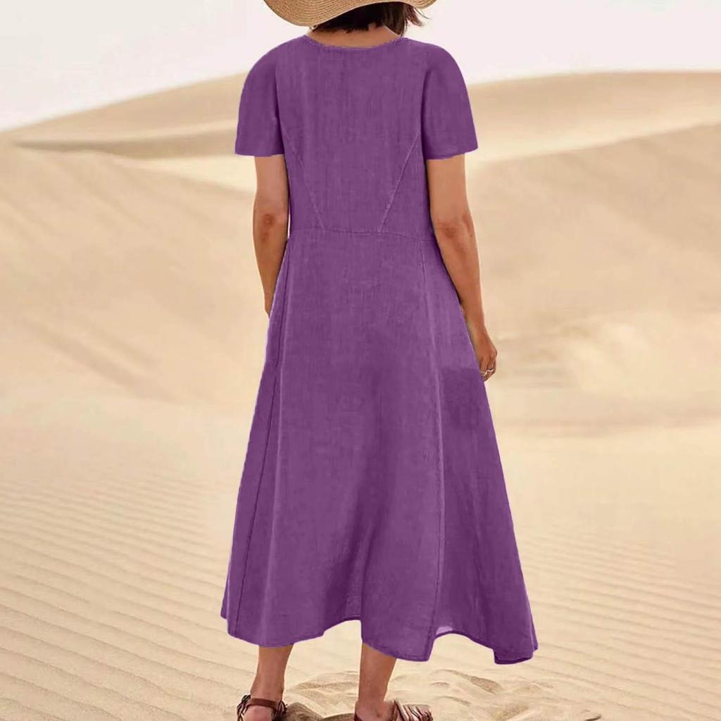 Women's Solid Color Round Neck Short Sleeve Loose Hem Dress