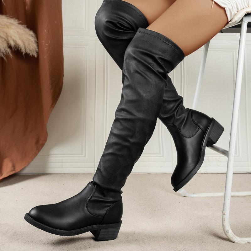 Móda Podzimní a Zimní Nové Kozačky Nad Koleno Dámské Vysoké Kozačky na Blokovém Podpatku 2025