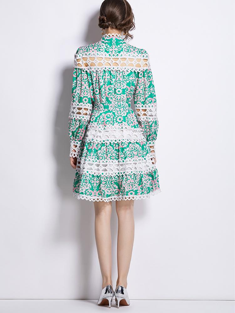 Summer Autumn Runway Embroidery Hollow Out Lace Crochet Dress Women's Single Breasted Print Lace-up Party Dresses