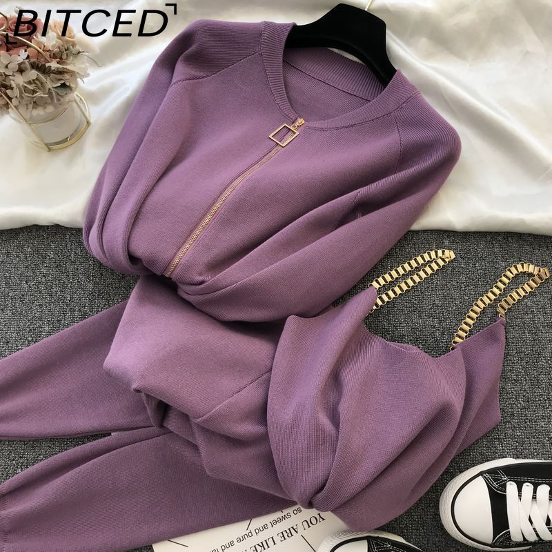 

BITCED Жіночий комплект із трьох предметів: в язана куртка-безрукавка + штани на еластичній підошві Small Leg S фіолетовий