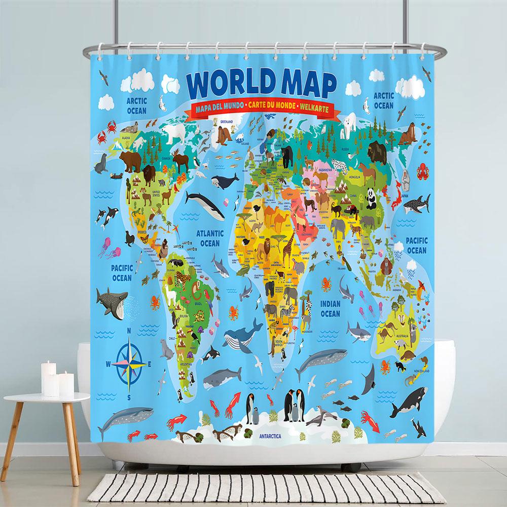 Kids Cartoon Animal Shower Curtain Funny Letters Blue Watercolour Fish Polyester Fabric Washable Shower Curtains Bathroom Decor