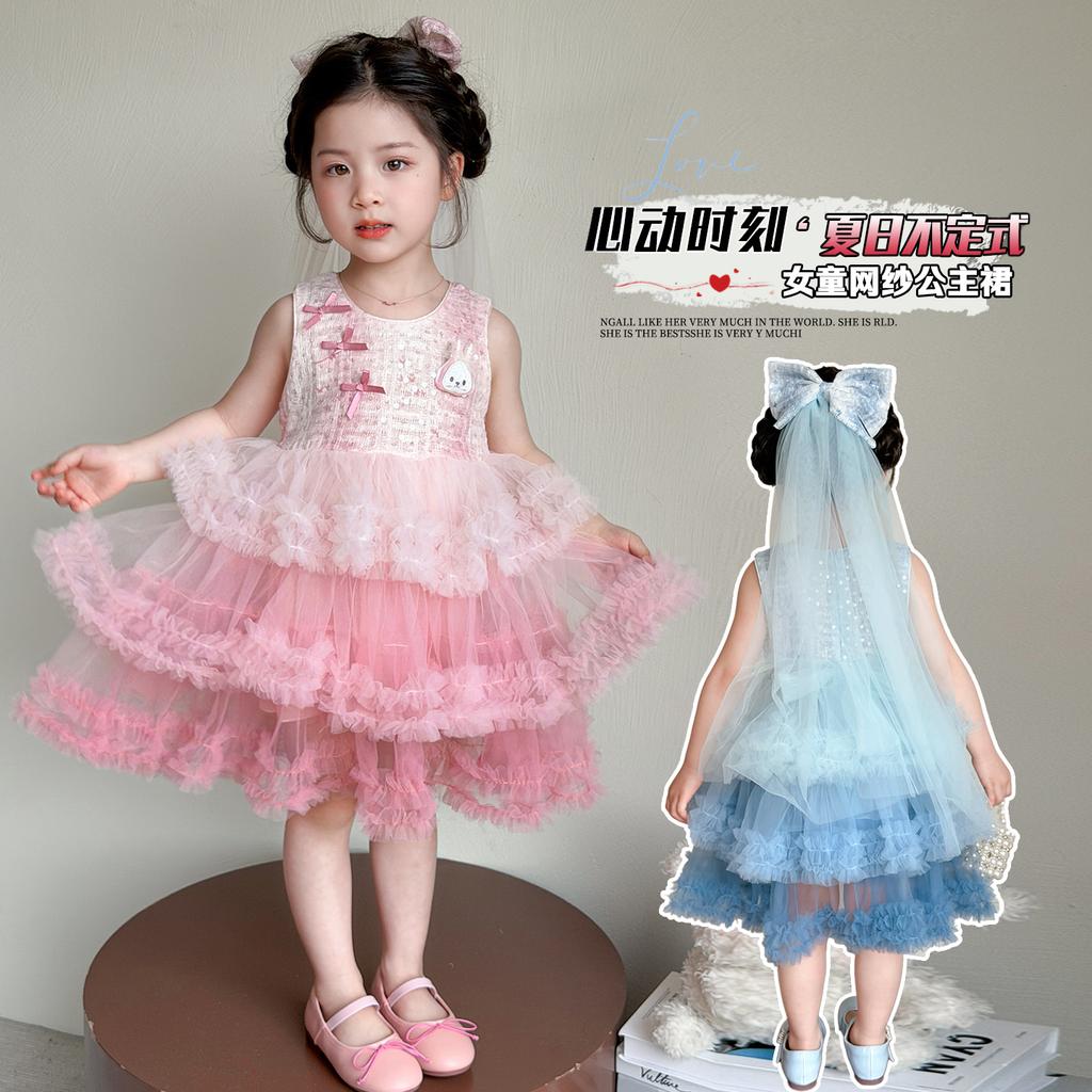 Girl's Rabbit Bow Cake Skirt Summer 2026 New Collection Sweet Mesh Sleeveless Dress Princess Dress for Baby Girls
