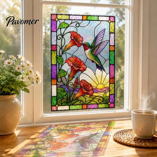 Bunte Blumen-Fensterfolie, Buntglas-Statikfolien, Kolibri-Blumen-Aufkleber, Abnehmbare Sichtschutz-Folien aus PVC für Haustür, Wintergarten
