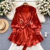 V Neck Puff Sleeve Satin Lace-up Solid Color Dresses for Women French Chic Pleated Dress Spring Women Dresses