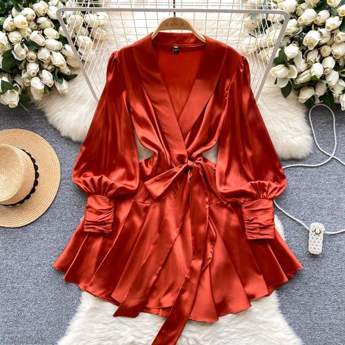 V Neck Puff Sleeve Satin Lace-up Solid Color Dresses for Women French Chic Pleated Dress Spring Women Dresses