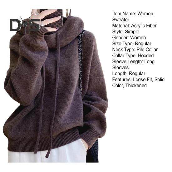 Damegenser Pelskrave Snøring Hette Langermet Strikketopper Ensfarget Casual Løs Passform Strikkeplagg