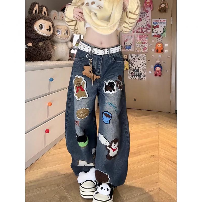 2025 Spring/Autumn Women's Retro Cartoon Embroidered Scimitar Jeans – Loose, Casual Long Pants Trendy Style