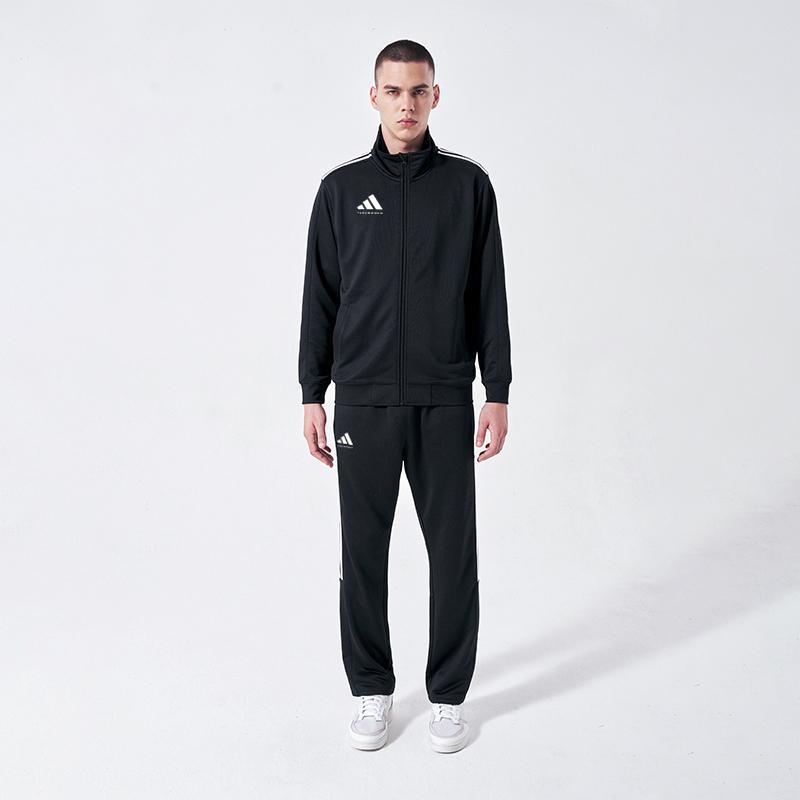 Adidas Striped Logo Stand Collar Long Sleeve Jacket And Mid Waist Elastic Pants Casual Sports Suit Unisex Suit Black TR90JT-BW+TR90PT-BW