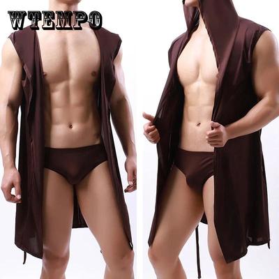 European Version Men's Bathrobe Men's Sleeveless Silky Pajamas Men's Hooded Nightgown Bathrobe Men's Ultra-thin Homewear