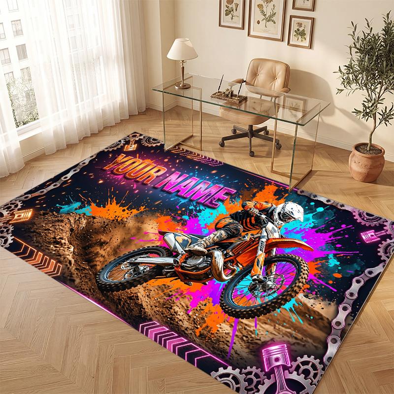 Motorcycle Biker Theme Soft Crystal Velvet Rug Custom Name & Text Print Non Slip Floor Rug for Bedroom Living Room