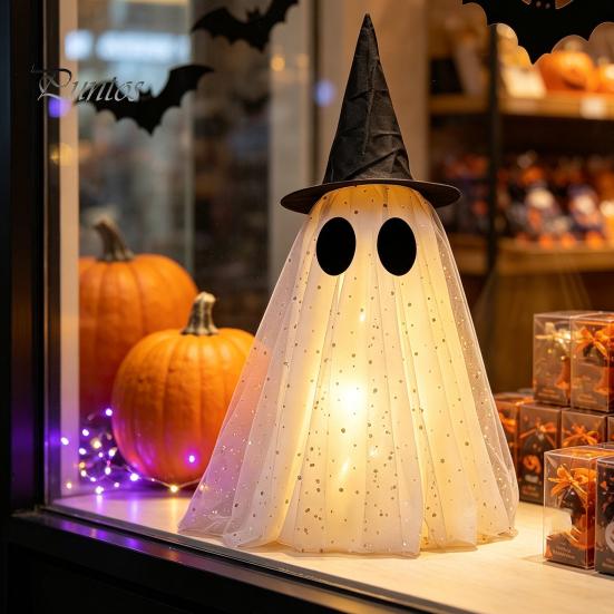 Versatile Holiday Window Display Halloween Ghost Decor, Spooky Sequin Mesh Fabric with Witch Hat/Bow, Healing Style Decor Small Standing Tabletop