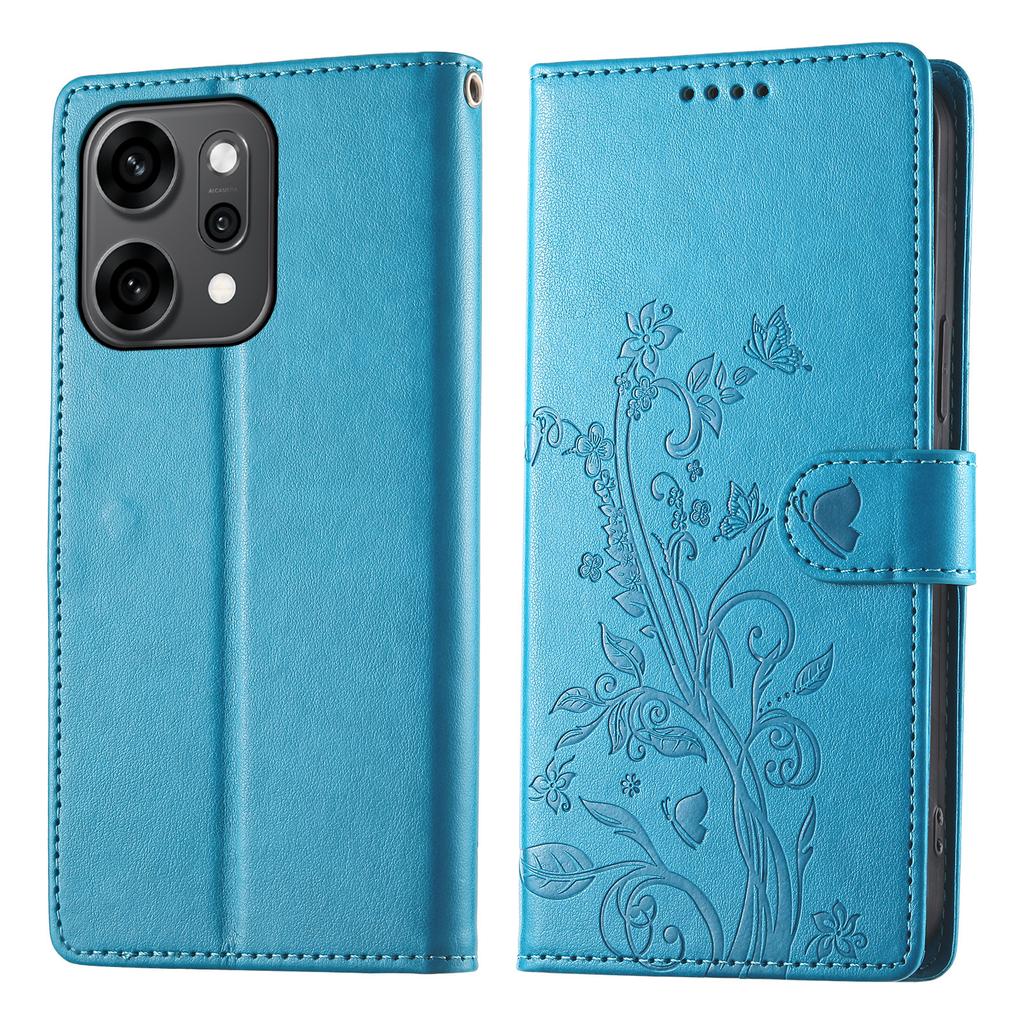 För Oppo Reno14 Pro 5G (Global) Plånboksfodral Fjäril Blommigt Tryck PU-läder Telefonskydd med Handledsrem