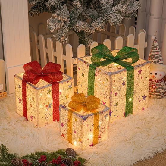 3 Stück Weihnachtsgeschenkboxen mit Beleuchtung und Schleife LED Leuchtende Geschenkboxen für Innen- und Außenbereich Zuhause Veranda Weihnachtsbaum Partydeko