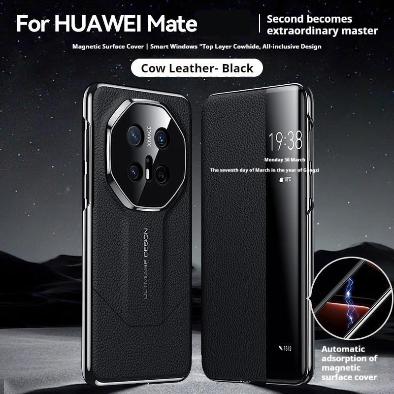 Genuine Leather Flip Cover Case For HUAWEI Mate 70 Pro RS Mate 60 Smart View Wake Sleep Call ID Display