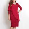 Elegant Lace-Trimmed Solid Color Slim Dress with Three-Quarter Sleeves