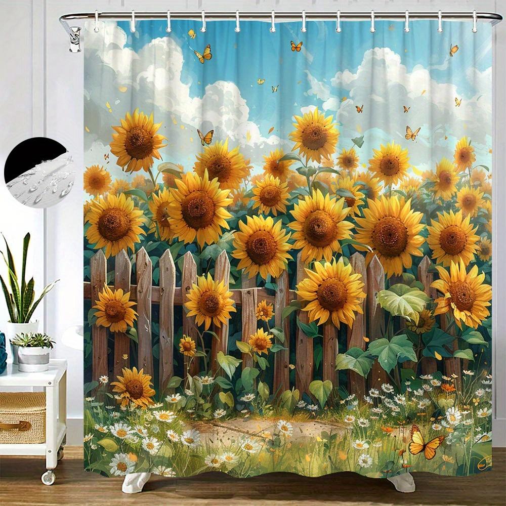 

1pc Sunflower Field Shower Curtain - Vibrant Sunflowers & Wooden Fence, Blue Sky, Polyester, 70.8x70.8In, 12 Hooks Included W90XH180cm