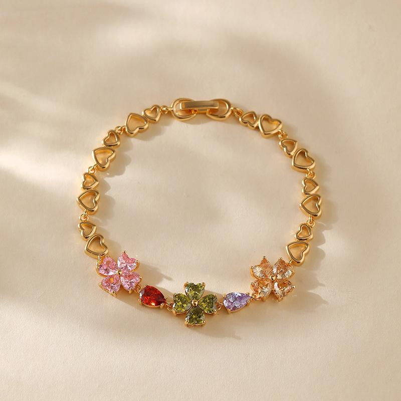Gold Plated Hollow Heart Link Multi Color CZ Four Leaf Clover Bracelet разноцветный