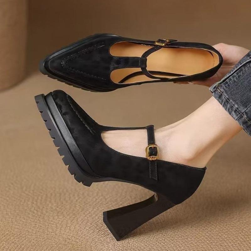 Fashion High-heeled Single Shoes Fashion New Pointed Toe Suede Slip Strap Platform Non-slip Block Heel Shoes