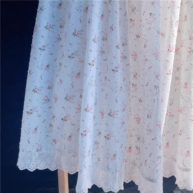 Fustă Maxi A-Line de Damă, de Primăvară/Vară, Făcută Manual - Croială Slim-Fit cu Garnitură din Dantelă Brodată și Imprimeu Floral Mărunt - Stil Feminin Dulce