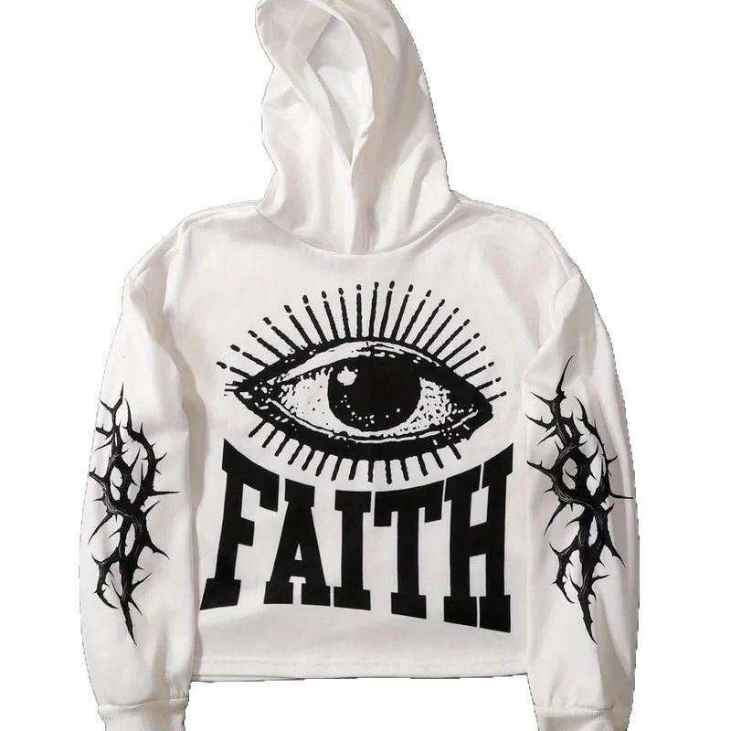 Mens Oversized Hooded Sweatshirt White Digital Print Streetwear Casual Long Sleeve