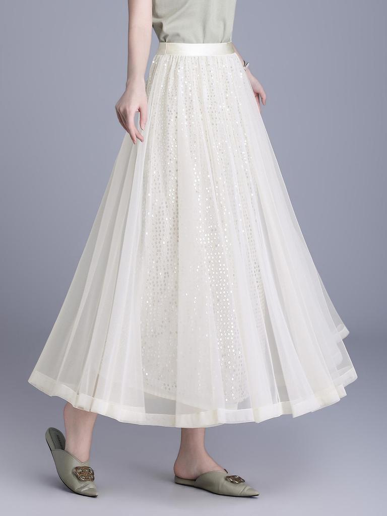 Spring 2026 Sequin Mesh A-line Midi Skirt - Slimming, Drapey, Fashionable, Casual Wear